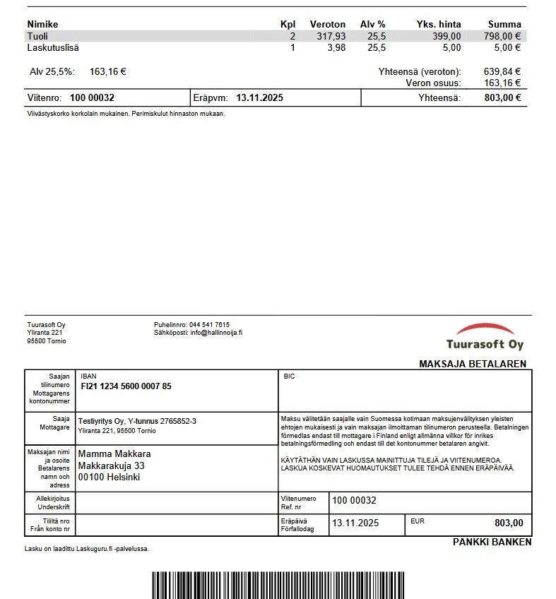 Esimerkki PDF-laskusta tilisiirtolomakkeella