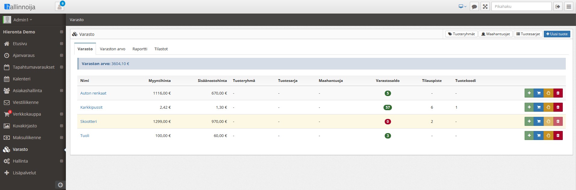 Varastonhallintanäkymä Laskugurussa
